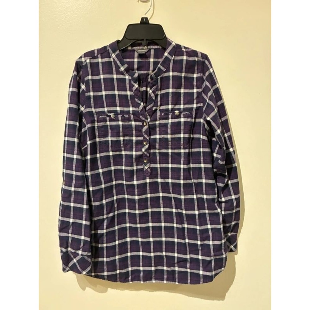Eddie Bauer Womens Purple Plaid‎ Henley Flannel Shirt Long Sleeve Roll Tab Small